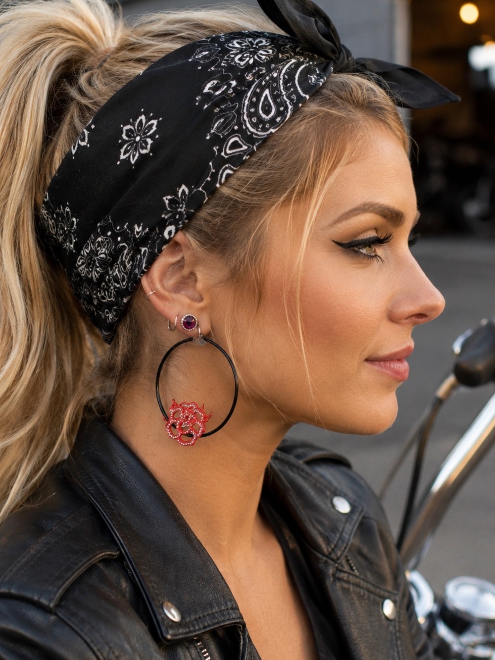 Aura Oversized Black Hoop & Red Rhinestone Rose Earrings (BR1010/3) - Picture 6 of 6